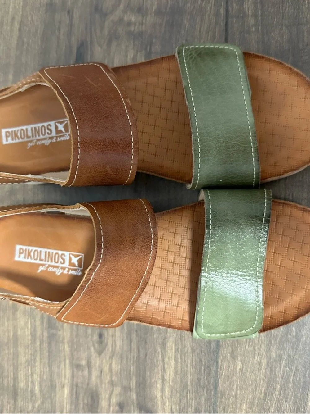 PIKOLINOS Brown and Green Leather Adjustable Slingback Sandals size 6.5 - Picture 2 of 12